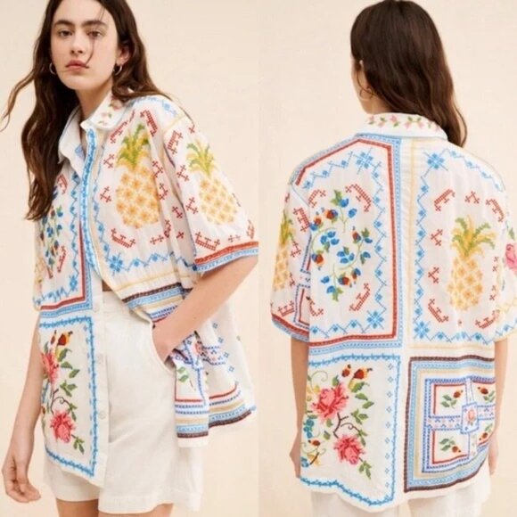 Farm Rio Tropical Cross Stitch Shirt Womens S Embroidered Boho Hippie Vintage - Picture 1 of 7